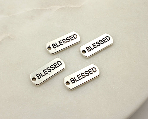 blessed charm, rectangle charm, silver charms, bless charm, blessed, mixed metal, 21mm x 8mm, hole 1.8mm, sold as 5 pieces.